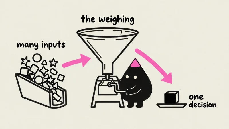 The same funnel idea as a hand-built explainer flow: many inputs, the weighing, one decision, with pink flow arrows